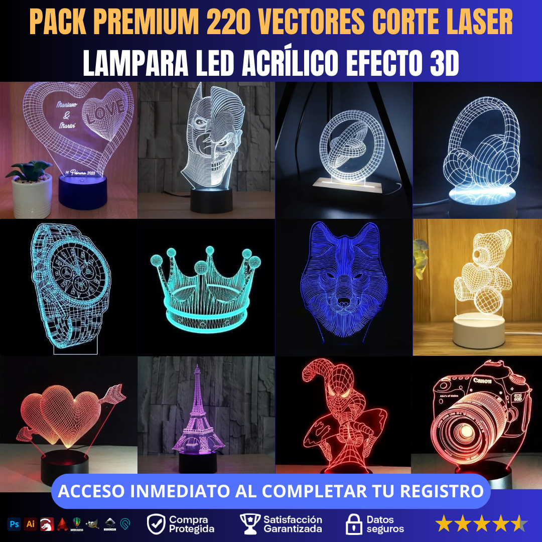 Premium Pack 220 LED Vectors: Design and Laser Cutting for 3D Acrylic Lamps